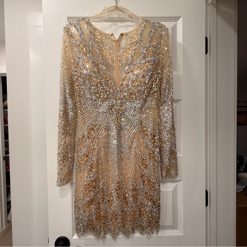 Jovani Gold Sequin Beaded Mini Dress | Long Sleeve Cocktail Dress Designer - Picture 3 of 14